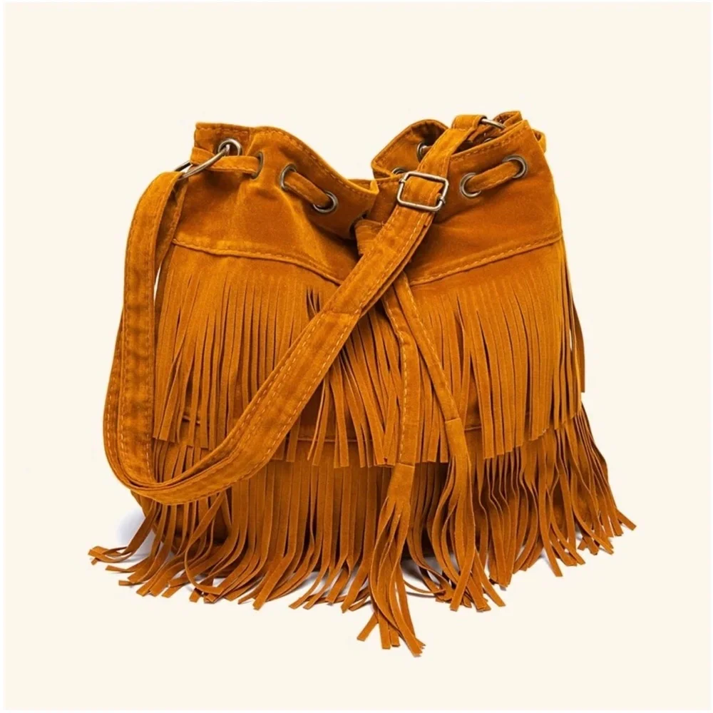 Bohemian Fringe Drawstring Crossbody Tote Bag - Picture 5 of 9